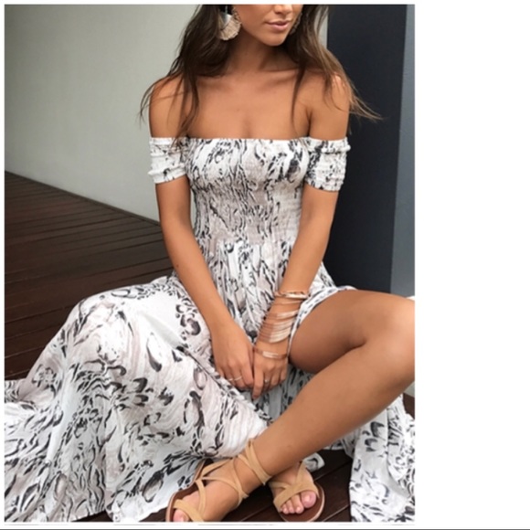 Smocked Off Shoulder Boho Print Maxi Dress - Picture 3 of 6